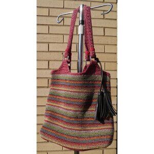 The Sak Belle 103388 Purse Knit Crochet Striped Shoulder Bag Hobo Boho Lined red